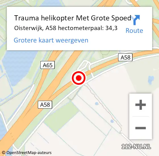 Locatie op kaart van de 112 melding: Trauma helikopter Met Grote Spoed Naar Oisterwijk, A58 hectometerpaal: 34,3 op 19 oktober 2024 22:34