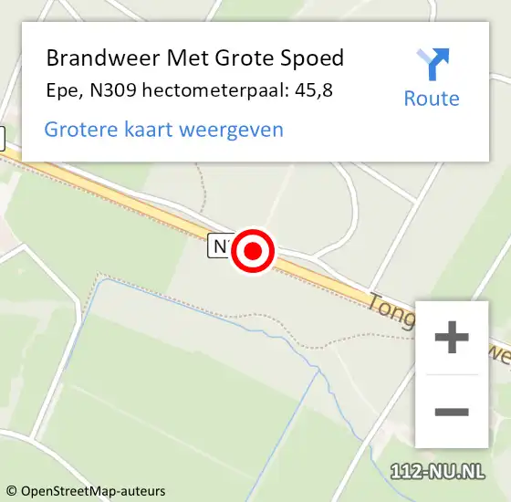 Locatie op kaart van de 112 melding: Brandweer Met Grote Spoed Naar Epe, N309 hectometerpaal: 45,8 op 20 oktober 2024 00:25