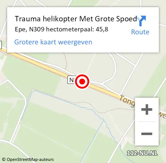 Locatie op kaart van de 112 melding: Trauma helikopter Met Grote Spoed Naar Epe, N309 hectometerpaal: 45,8 op 20 oktober 2024 00:27