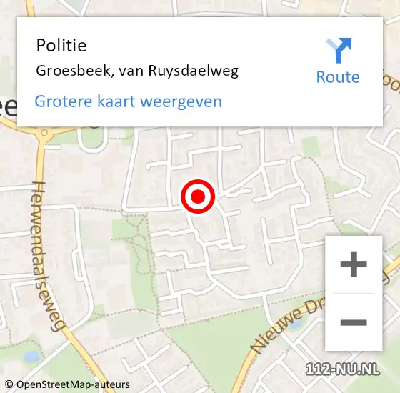 Locatie op kaart van de 112 melding: Politie Groesbeek, van Ruysdaelweg op 20 oktober 2024 01:00