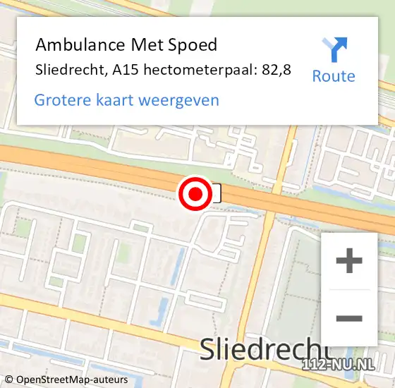 Locatie op kaart van de 112 melding: Ambulance Met Spoed Naar Sliedrecht, A15 hectometerpaal: 82,8 op 20 oktober 2024 01:28