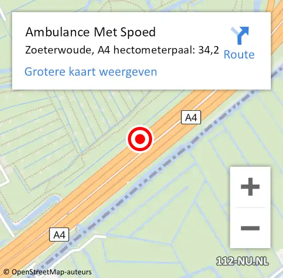 Locatie op kaart van de 112 melding: Ambulance Met Spoed Naar Zoeterwoude, A4 hectometerpaal: 34,2 op 20 oktober 2024 01:33