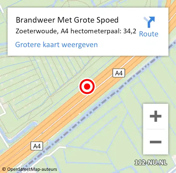 Locatie op kaart van de 112 melding: Brandweer Met Grote Spoed Naar Zoeterwoude, A4 hectometerpaal: 34,2 op 20 oktober 2024 02:05