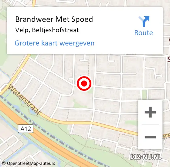 Locatie op kaart van de 112 melding: Brandweer Met Spoed Naar Velp, Beltjeshofstraat op 20 oktober 2024 03:24