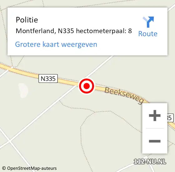 Locatie op kaart van de 112 melding: Politie Montferland, N335 hectometerpaal: 8 op 20 oktober 2024 12:06