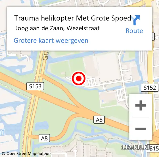 Locatie op kaart van de 112 melding: Trauma helikopter Met Grote Spoed Naar Koog aan de Zaan, Wezelstraat op 20 oktober 2024 14:29