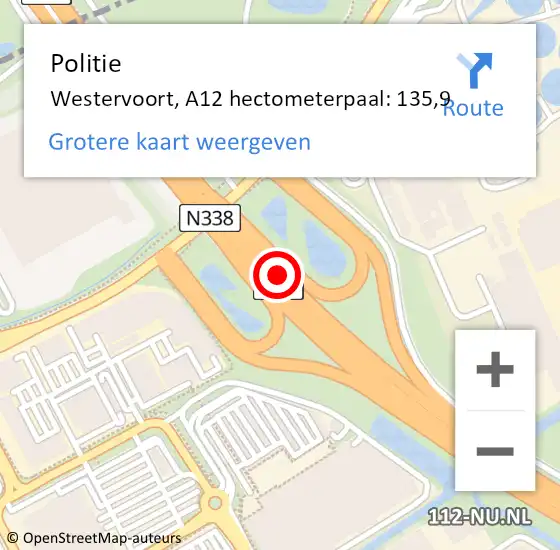 Locatie op kaart van de 112 melding: Politie Westervoort, A12 hectometerpaal: 135,9 op 20 oktober 2024 14:33