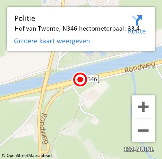 Locatie op kaart van de 112 melding: Politie Hof van Twente, N346 hectometerpaal: 33,4 op 20 oktober 2024 15:11