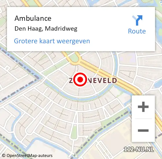 Locatie op kaart van de 112 melding: Ambulance Den Haag, Madridweg op 20 oktober 2024 15:11