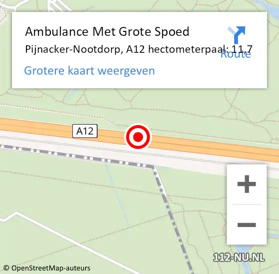 Locatie op kaart van de 112 melding: Ambulance Met Grote Spoed Naar Pijnacker-Nootdorp, A12 hectometerpaal: 11,7 op 20 oktober 2024 15:35