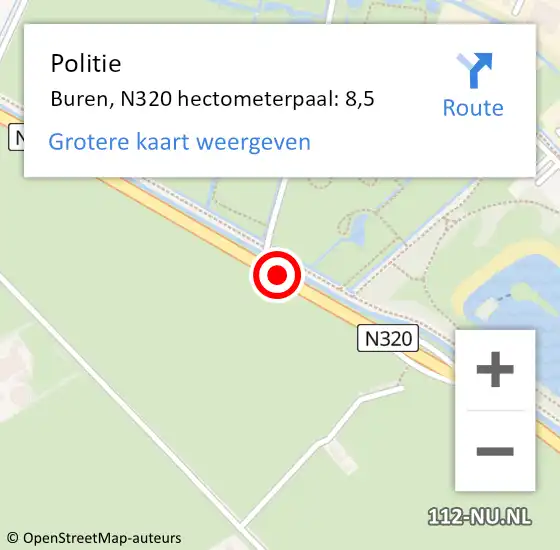 Locatie op kaart van de 112 melding: Politie Buren, N320 hectometerpaal: 8,5 op 20 oktober 2024 16:30