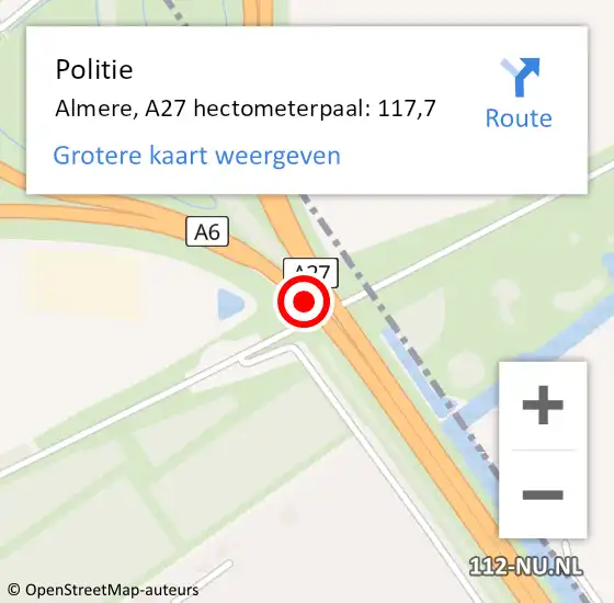 Locatie op kaart van de 112 melding: Politie Almere, A27 hectometerpaal: 117,7 op 20 oktober 2024 16:33