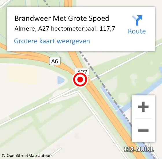 Locatie op kaart van de 112 melding: Brandweer Met Grote Spoed Naar Almere, A27 hectometerpaal: 117,7 op 20 oktober 2024 16:34