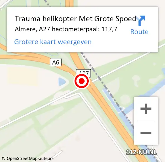 Locatie op kaart van de 112 melding: Trauma helikopter Met Grote Spoed Naar Almere, A27 hectometerpaal: 117,7 op 20 oktober 2024 16:37