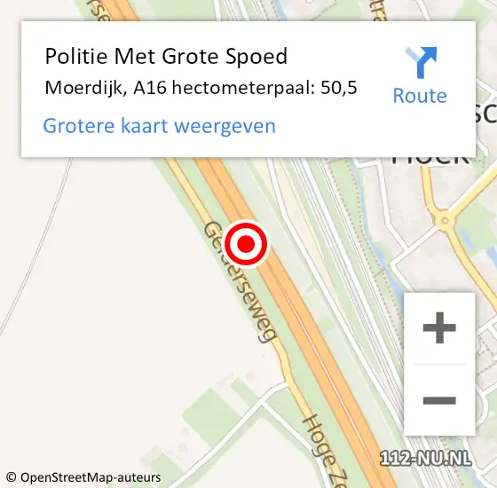 Locatie op kaart van de 112 melding: Politie Met Grote Spoed Naar Moerdijk, A16 hectometerpaal: 50,5 op 20 oktober 2024 17:07