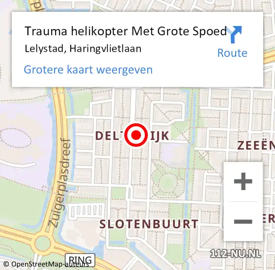 Locatie op kaart van de 112 melding: Trauma helikopter Met Grote Spoed Naar Lelystad, Haringvlietlaan op 20 oktober 2024 17:43