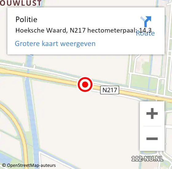 Locatie op kaart van de 112 melding: Politie Hoeksche Waard, N217 hectometerpaal: 14,3 op 20 oktober 2024 18:45