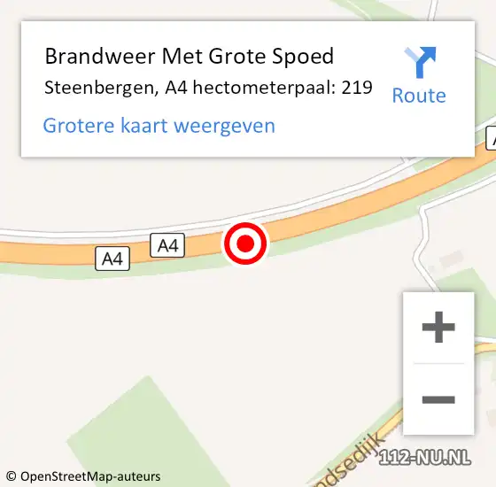 Locatie op kaart van de 112 melding: Brandweer Met Grote Spoed Naar Steenbergen, A4 hectometerpaal: 219 op 20 oktober 2024 19:36