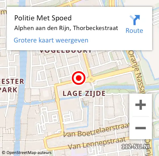 Locatie op kaart van de 112 melding: Politie Met Spoed Naar Alphen aan den Rijn, Thorbeckestraat op 20 oktober 2024 19:41