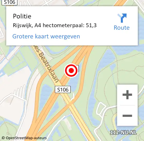 Locatie op kaart van de 112 melding: Politie Rijswijk, A4 hectometerpaal: 51,3 op 20 oktober 2024 19:45