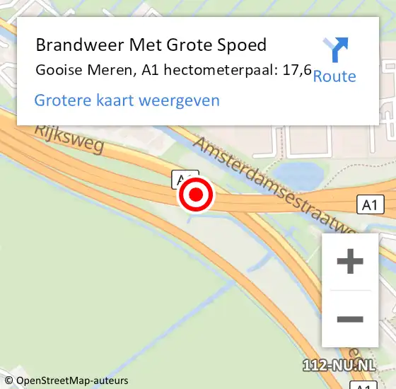 Locatie op kaart van de 112 melding: Brandweer Met Grote Spoed Naar Gooise Meren, A1 hectometerpaal: 17,6 op 20 oktober 2024 19:57