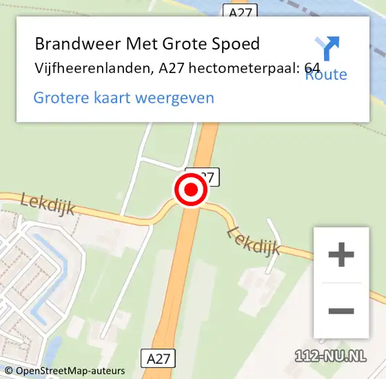 Locatie op kaart van de 112 melding: Brandweer Met Grote Spoed Naar Vijfheerenlanden, A27 hectometerpaal: 64 op 20 oktober 2024 20:20