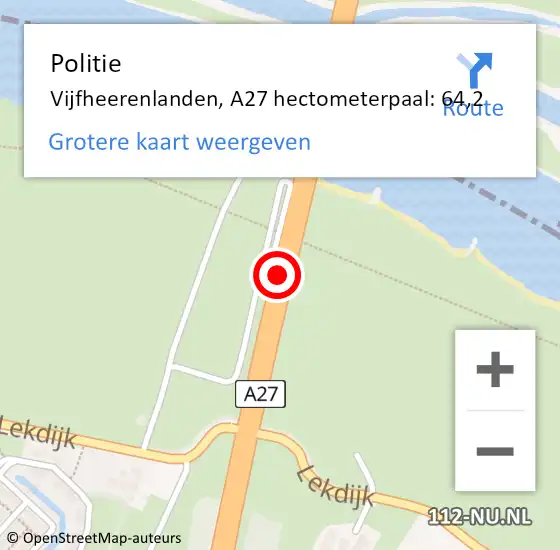 Locatie op kaart van de 112 melding: Politie Vijfheerenlanden, A27 hectometerpaal: 64,2 op 20 oktober 2024 20:21