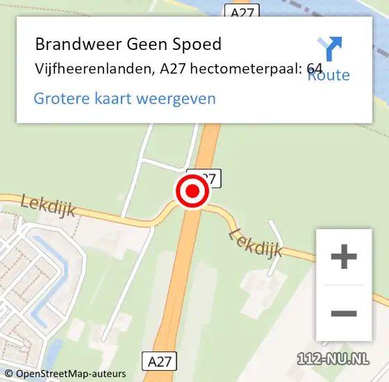 Locatie op kaart van de 112 melding: Brandweer Geen Spoed Naar Vijfheerenlanden, A27 hectometerpaal: 64 op 20 oktober 2024 20:22