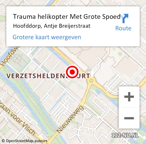 Locatie op kaart van de 112 melding: Trauma helikopter Met Grote Spoed Naar Hoofddorp, Antje Breijerstraat op 21 oktober 2024 00:01