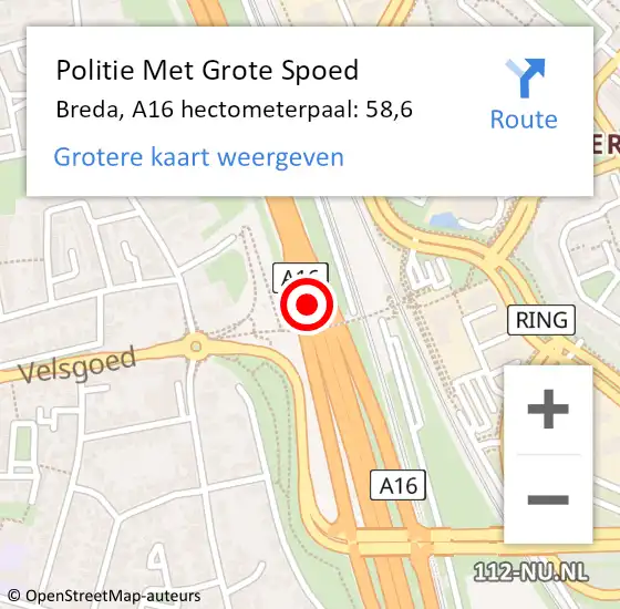 Locatie op kaart van de 112 melding: Politie Met Grote Spoed Naar Breda, A16 hectometerpaal: 58,6 op 21 oktober 2024 02:11