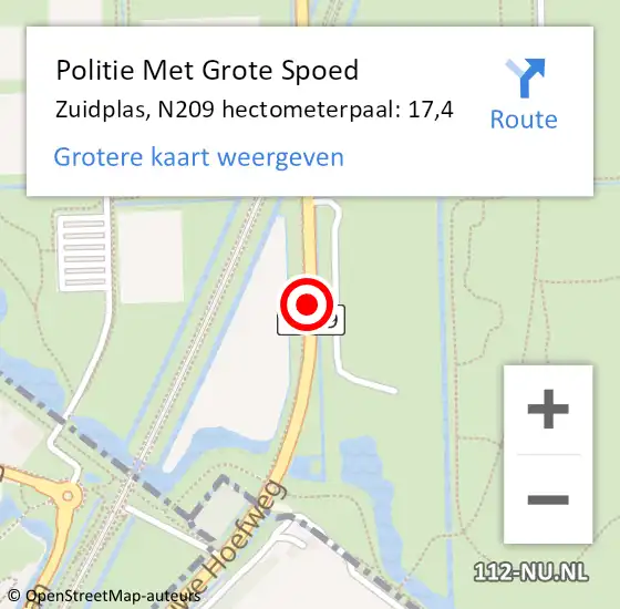 Locatie op kaart van de 112 melding: Politie Met Grote Spoed Naar Zuidplas, N209 hectometerpaal: 17,4 op 21 oktober 2024 07:32