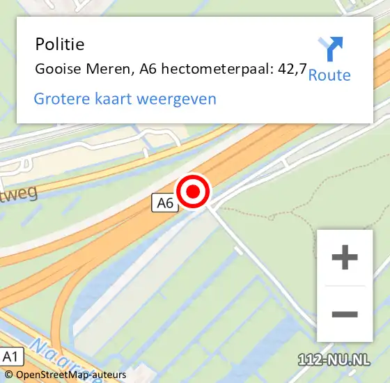 Locatie op kaart van de 112 melding: Politie Gooise Meren, A6 hectometerpaal: 42,7 op 21 oktober 2024 07:35