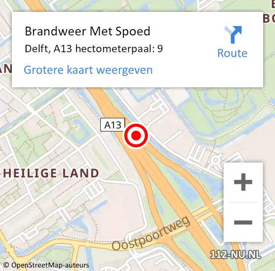 Locatie op kaart van de 112 melding: Brandweer Met Spoed Naar Delft, A13 hectometerpaal: 9 op 21 oktober 2024 07:58