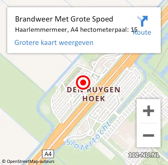 Locatie op kaart van de 112 melding: Brandweer Met Grote Spoed Naar Haarlemmermeer, A4 hectometerpaal: 15 op 21 oktober 2024 09:04