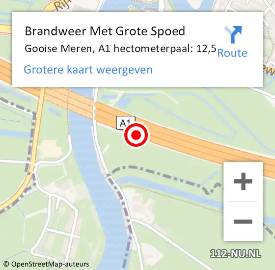 Locatie op kaart van de 112 melding: Brandweer Met Grote Spoed Naar Gooise Meren, A1 hectometerpaal: 12,5 op 21 oktober 2024 09:06