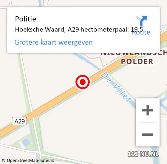 Locatie op kaart van de 112 melding: Politie Hoeksche Waard, A29 hectometerpaal: 19,5 op 21 oktober 2024 09:43