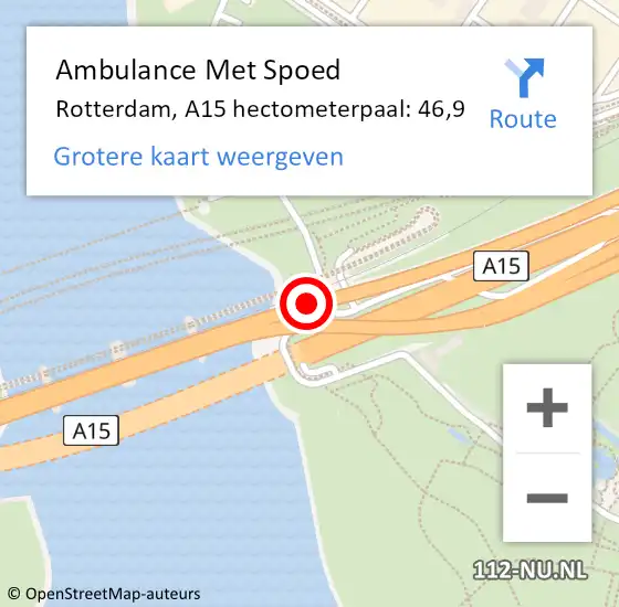 Locatie op kaart van de 112 melding: Ambulance Met Spoed Naar Rotterdam, A15 hectometerpaal: 46,9 op 21 oktober 2024 11:46