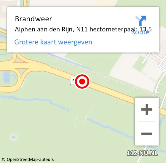 Locatie op kaart van de 112 melding: Brandweer Alphen aan den Rijn, N11 hectometerpaal: 13,5 op 21 oktober 2024 11:53