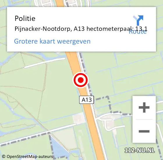 Locatie op kaart van de 112 melding: Politie Pijnacker-Nootdorp, A13 hectometerpaal: 13,1 op 21 oktober 2024 11:56