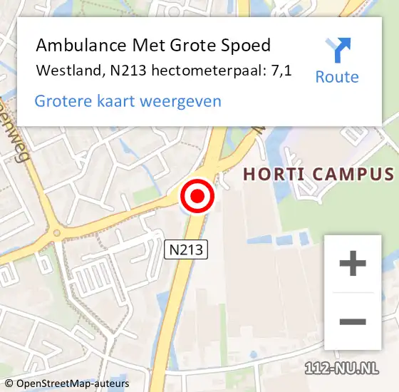 Locatie op kaart van de 112 melding: Ambulance Met Grote Spoed Naar Westland, N213 hectometerpaal: 7,1 op 21 oktober 2024 12:41