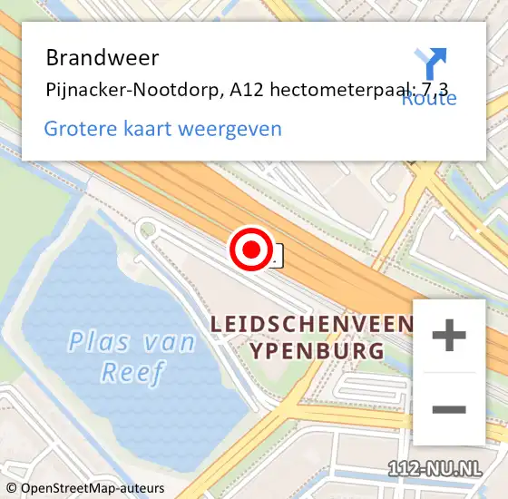 Locatie op kaart van de 112 melding: Brandweer Pijnacker-Nootdorp, A12 hectometerpaal: 7,3 op 21 oktober 2024 12:45