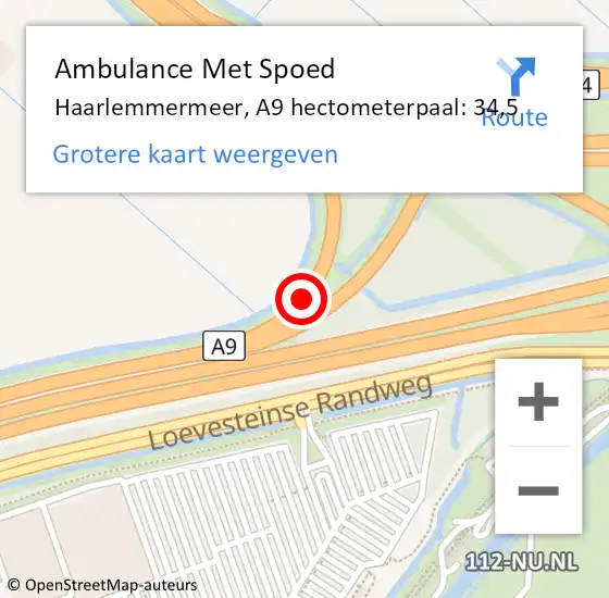 Locatie op kaart van de 112 melding: Ambulance Met Spoed Naar Haarlemmermeer, A9 hectometerpaal: 34,5 op 21 oktober 2024 12:57