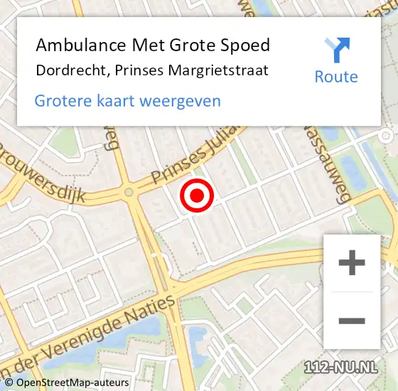 Locatie op kaart van de 112 melding: Ambulance Met Grote Spoed Naar Dordrecht, Prinses Margrietstraat op 21 oktober 2024 13:24