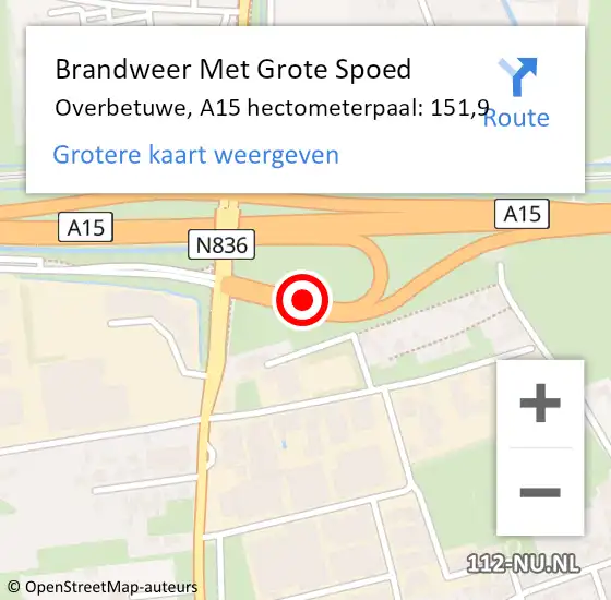 Locatie op kaart van de 112 melding: Brandweer Met Grote Spoed Naar Overbetuwe, A15 hectometerpaal: 151,9 op 21 oktober 2024 13:25