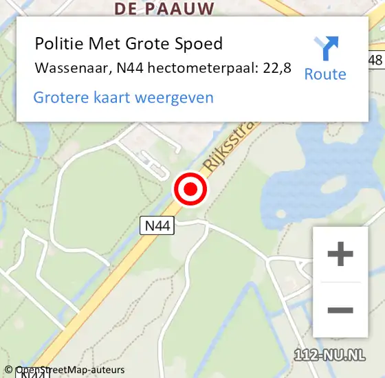 Locatie op kaart van de 112 melding: Politie Met Grote Spoed Naar Wassenaar, N44 hectometerpaal: 22,8 op 21 oktober 2024 14:50