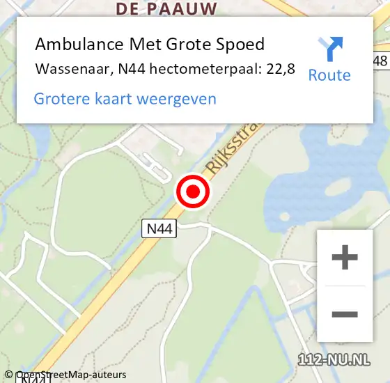 Locatie op kaart van de 112 melding: Ambulance Met Grote Spoed Naar Wassenaar, N44 hectometerpaal: 22,8 op 21 oktober 2024 14:52