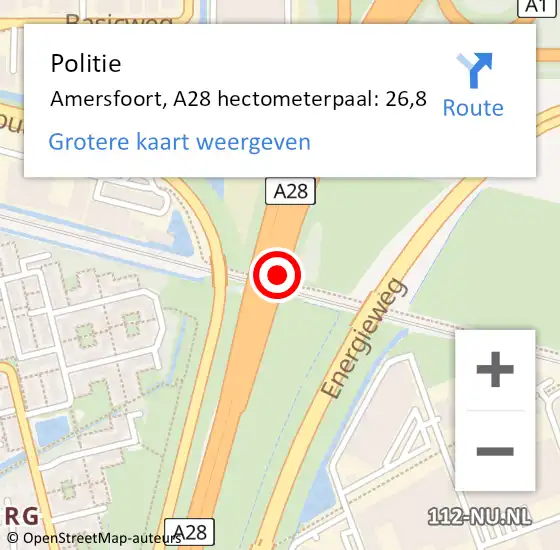 Locatie op kaart van de 112 melding: Politie Amersfoort, A28 hectometerpaal: 26,8 op 21 oktober 2024 15:48