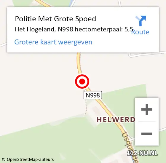 Locatie op kaart van de 112 melding: Politie Met Grote Spoed Naar Het Hogeland, N998 hectometerpaal: 5,5 op 21 oktober 2024 18:03