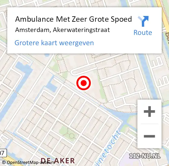 Locatie op kaart van de 112 melding: Ambulance Met Zeer Grote Spoed Naar Amsterdam, Akerwateringstraat op 21 oktober 2024 18:14