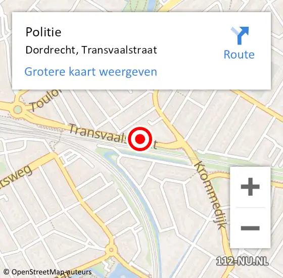 Locatie op kaart van de 112 melding: Politie Dordrecht, Transvaalstraat op 21 oktober 2024 18:36